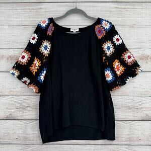 Umgee USA Grannie Square Sleeve Linen Blend Blouse Womens Small Black